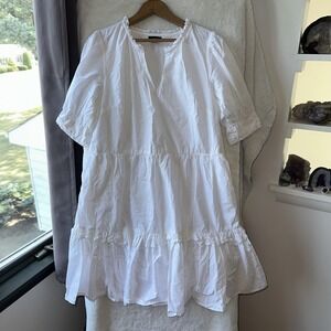 J‎ Crew Dress M White Tiered Cotton Ruffle Puff Sleeve Pockets Summer Mini